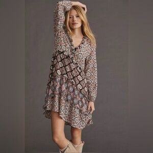 Anthropologie XS Boho Mixed Print Ruffle Mini Dress
